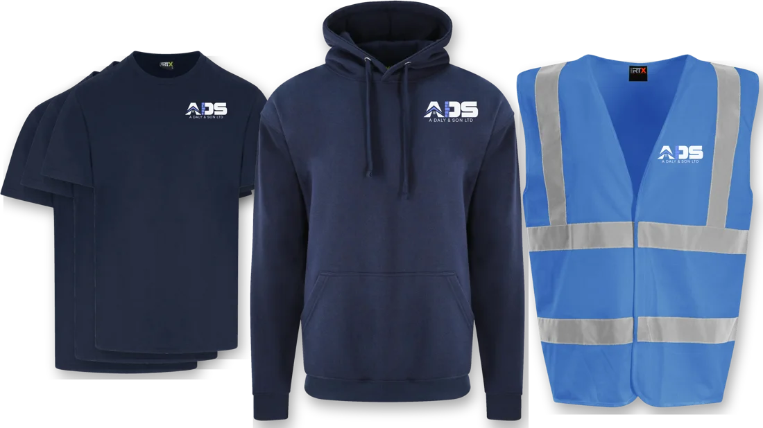 Branded t-shirts, hoodie and hi-viz vest with a customer's logo