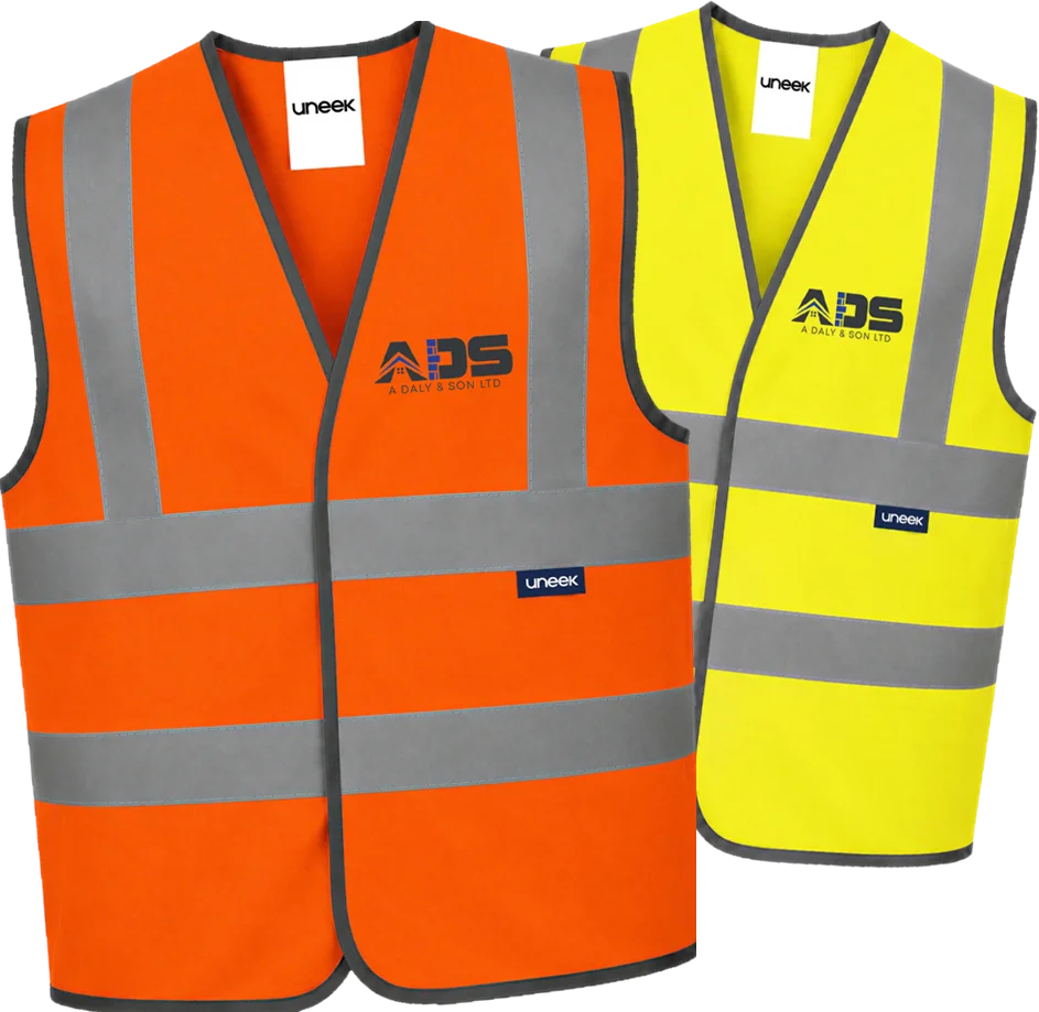 Orange and yellow hi-viz vests with a company logo on the chest