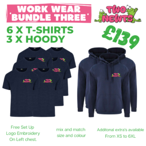 Team Workwear Bundle Three - 6 ProRTX navy t-shirts and 3 hoodies with Two Newts logo embroidery - £139 complete uniform package