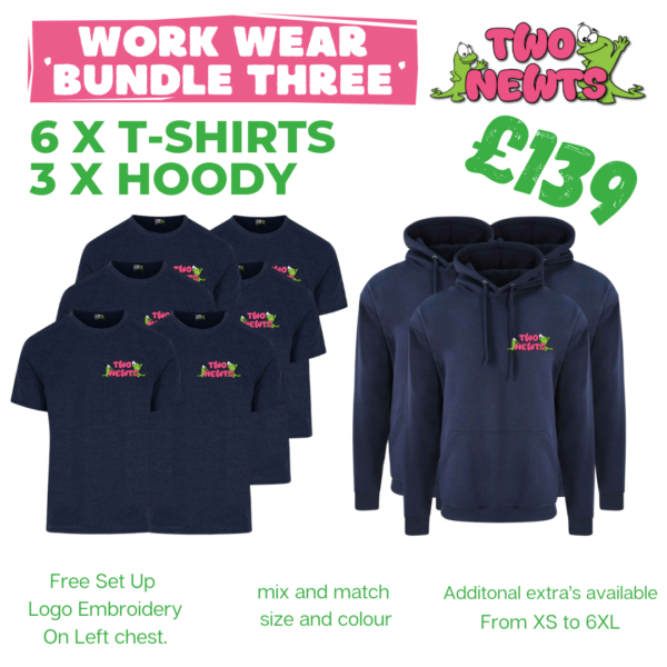 Team Workwear Bundle Three - 6 ProRTX navy t-shirts and 3 hoodies with Two Newts logo embroidery - £139 complete uniform package