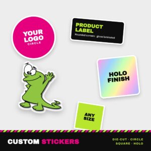 Custom stickers in circle, die-cut, rectangle and holographic finishes